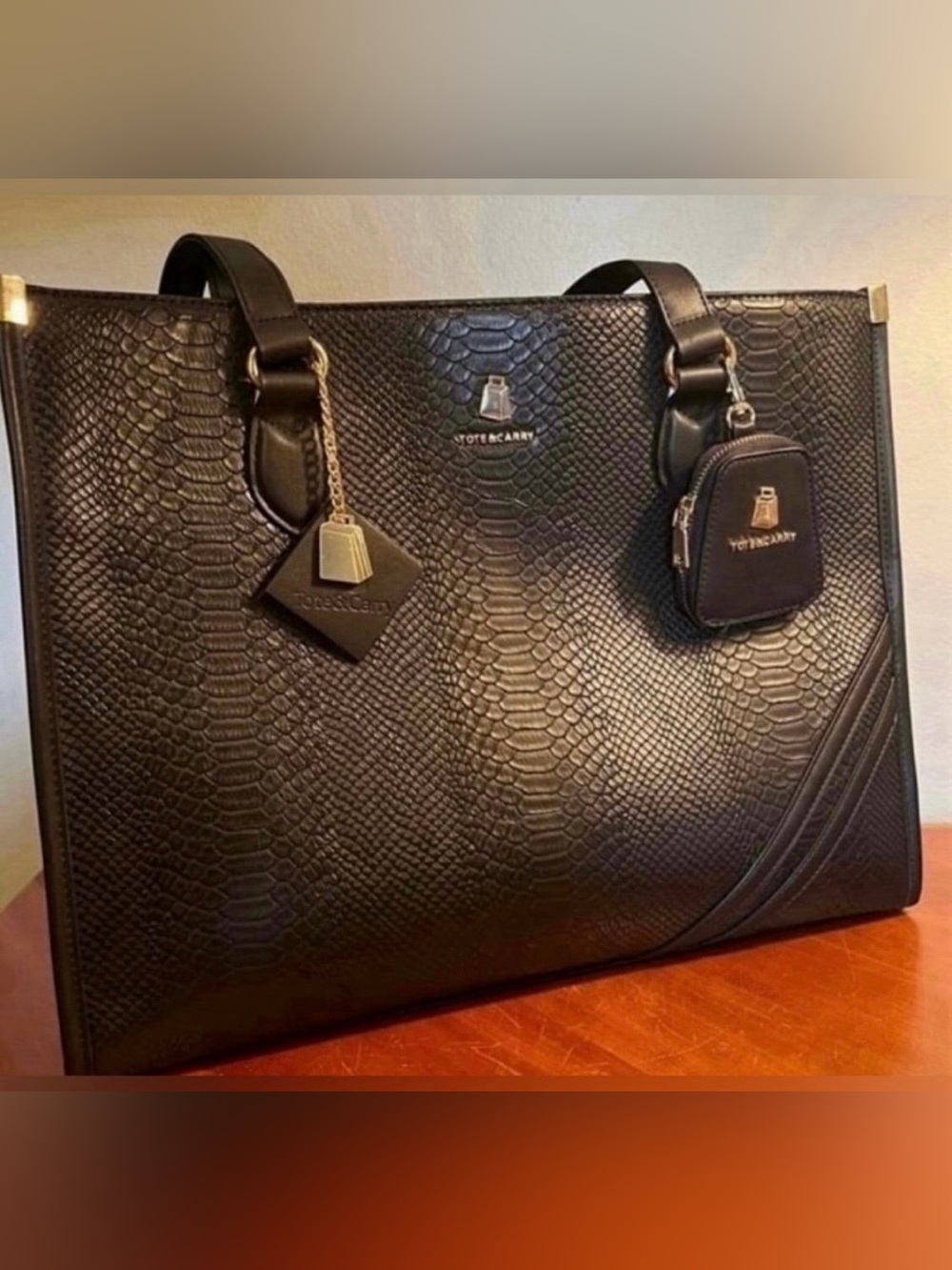 Tote&Carry Apollo Black Faux Croc Embossed Tote NWOT